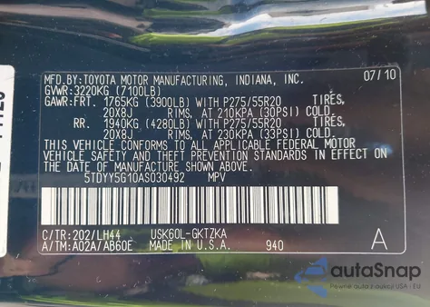 2010 Toyota Sequoia Platinum 5.7L V8 from USA, damaged, VIN 5TDYY5G10AS030492